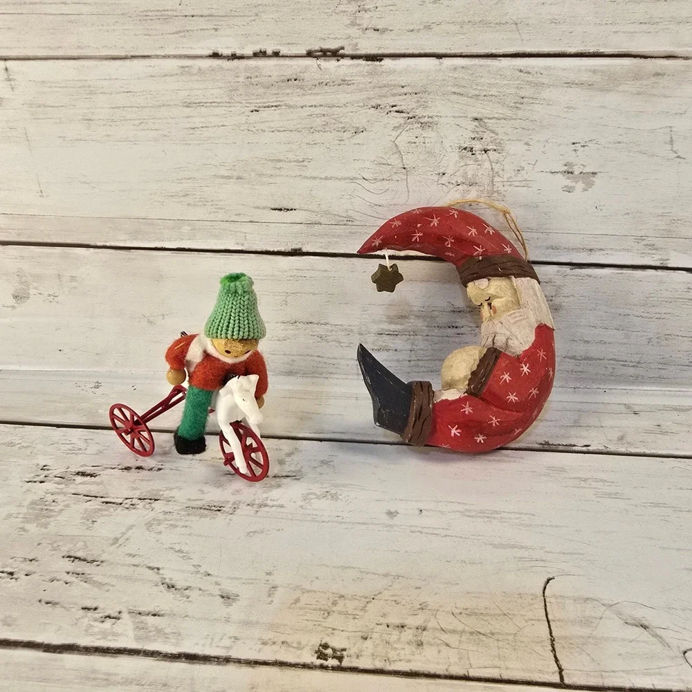 Vintage Christmas Ornament Set Hand Carved Wood Santa Moon and Boy on Tricycle